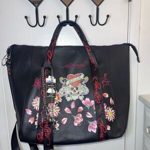 NWT Ed Hardy Black Tote with Skull and Floral Design